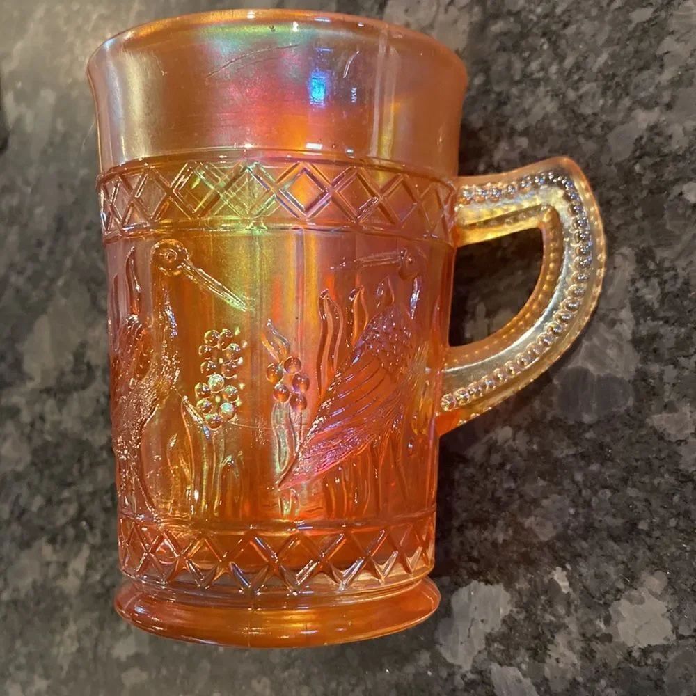 Carnival Glass Mug Stork & Rushes Dugan